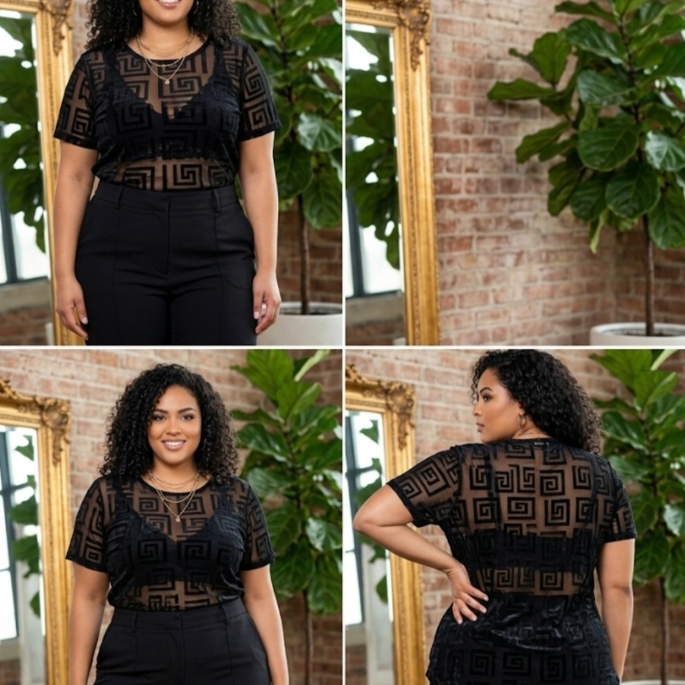 NWOT Love J Black Greek Key Mesh Geometric Top Sz 1X